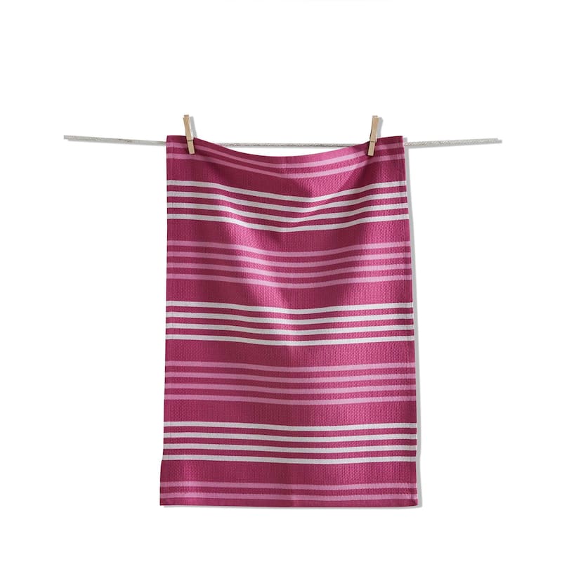 Basket Weave Stripe Dishtowel Raspberry - Cotton Kitchen Towel for Everyday Use, Machine Washable, 26 x 18 Inches