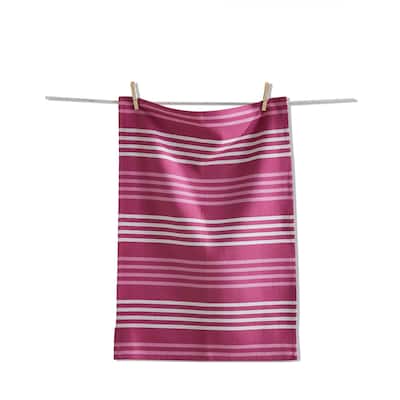 Basket Weave Stripe Dishtowel Raspberry - Cotton Kitchen Towel for Everyday Use, Machine Washable, 26 x 18 Inches