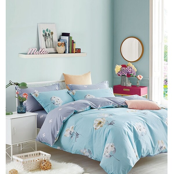 100% Cotton Full Queen Size 3pcs Blue Floral Quilt Set-Reversible w/ Pillowshams 