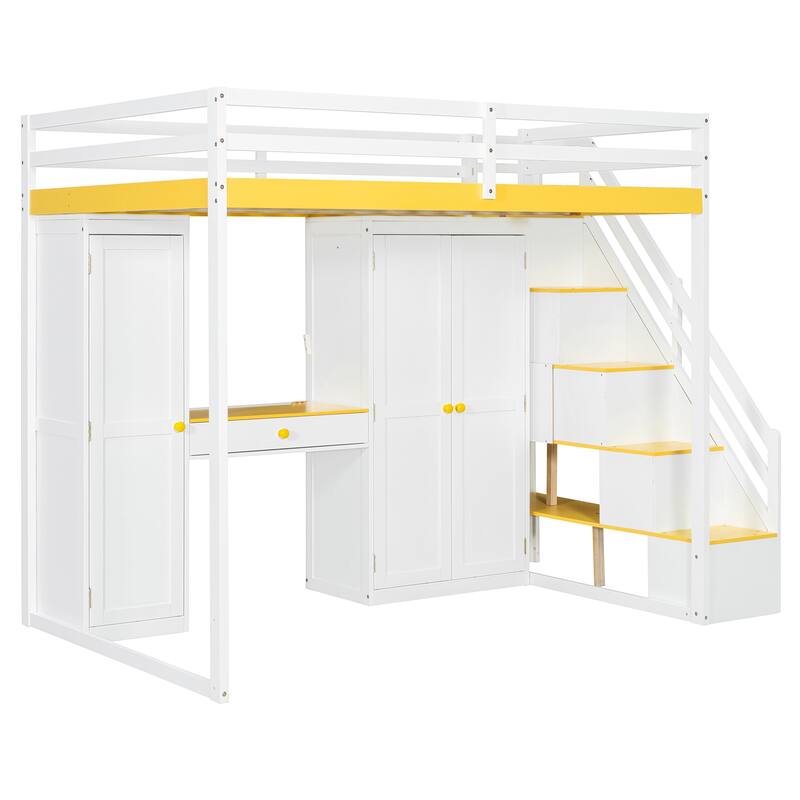 Full Size Loft Bed with Storage Staircase, Built-in Dressing Table, Mirror & Wardrobe - USB Charging & Lights