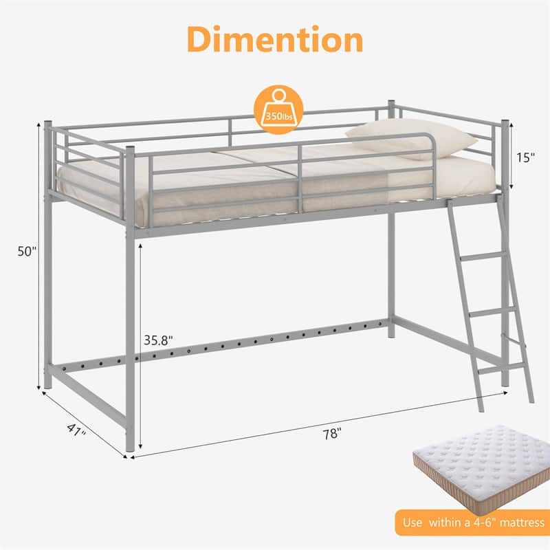 Junior Metal Twin Loft Bed With Guard Rails And Stairs