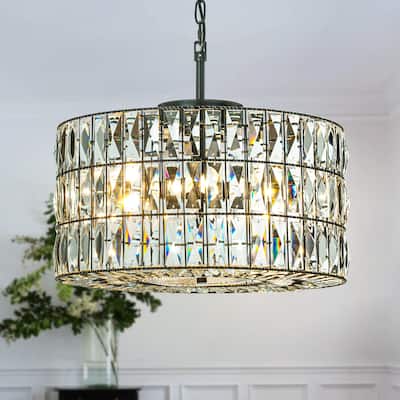 Modern Farmhouse Elegant Lantern Drum Crystal Chandelier in Matte Black for Dining Room