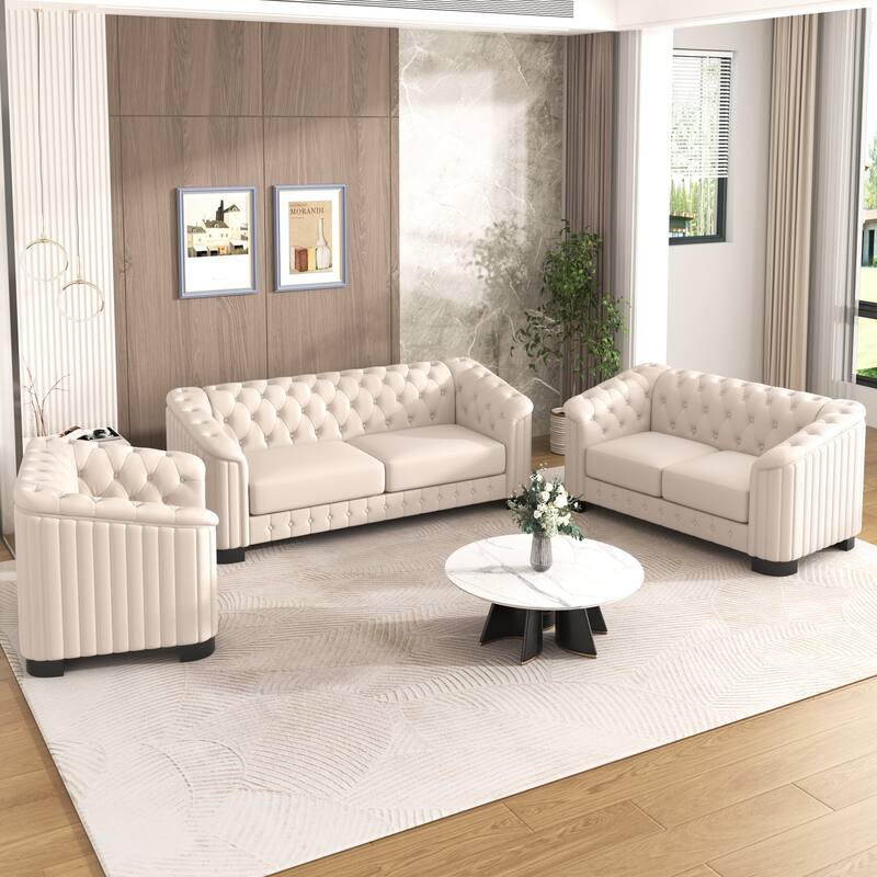 3-Piece 6-Seat Velvet Sofa Set (3+2+1) with Tufted Back & Rubber Wood Legs