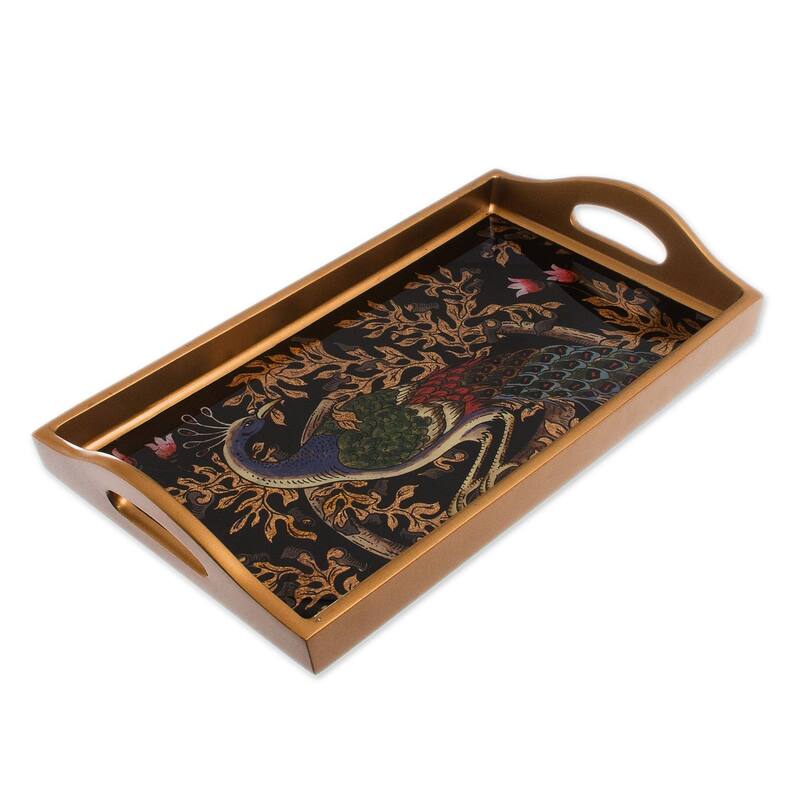 Handmade Peacock Presentation Reverse-Painted Glass Tray (Peru) - 1.2" H x 12.25" W x 6.75" D
