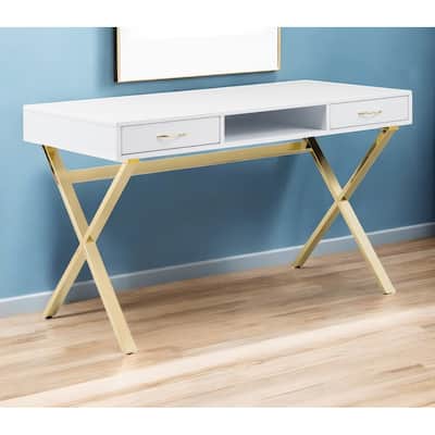 HomeRoots 47" White and Gold Wood and Metal Computer Desk With Two Drawers