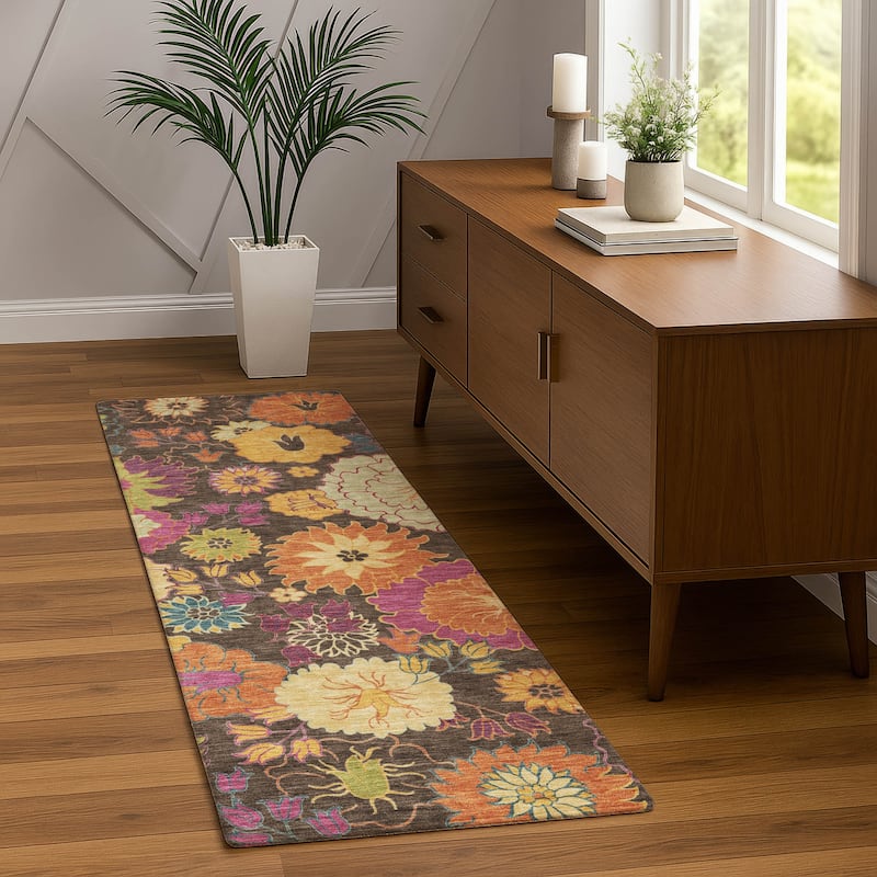 Machine Washable Indoor/ Outdoor Modern Floral Chantille Rug