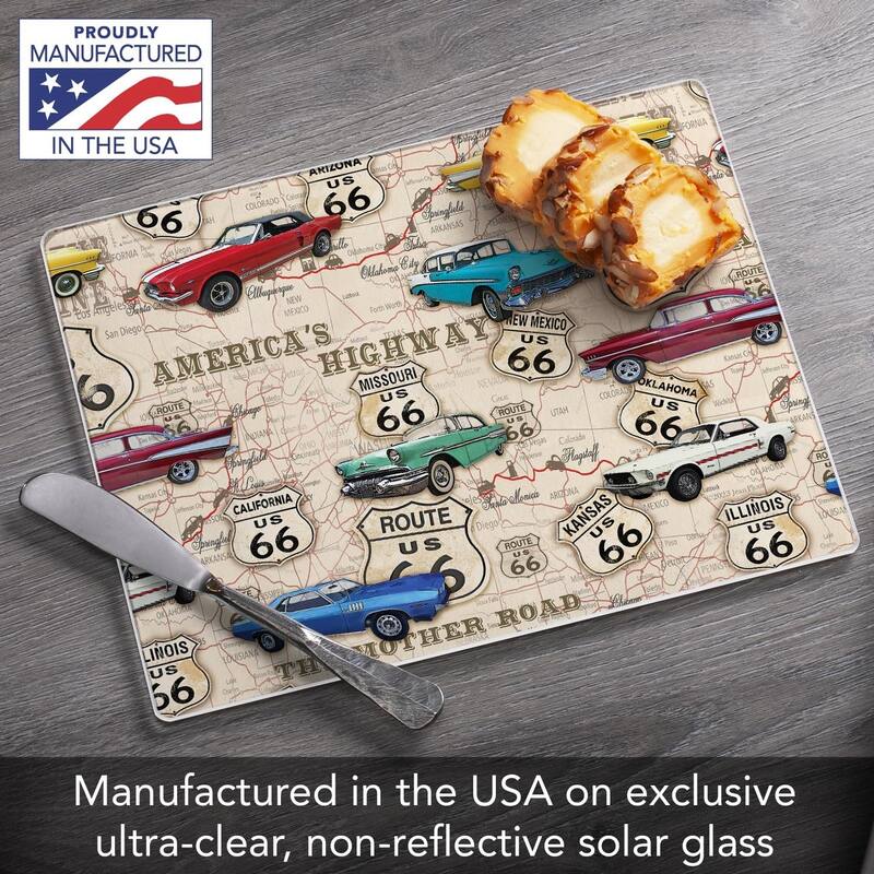 Route 66 Map 3mm Heat Tolerant Tempered Glass Cutting Board 10” x 8” Made in the USA Dishwasher Safe