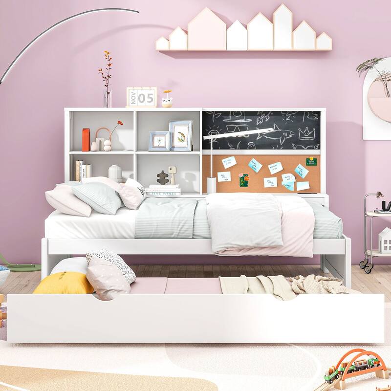 Full Size Wood Daybed with Storage Shelves, Blackboard, Cork Board, USB Charging Ports, and Trundle
