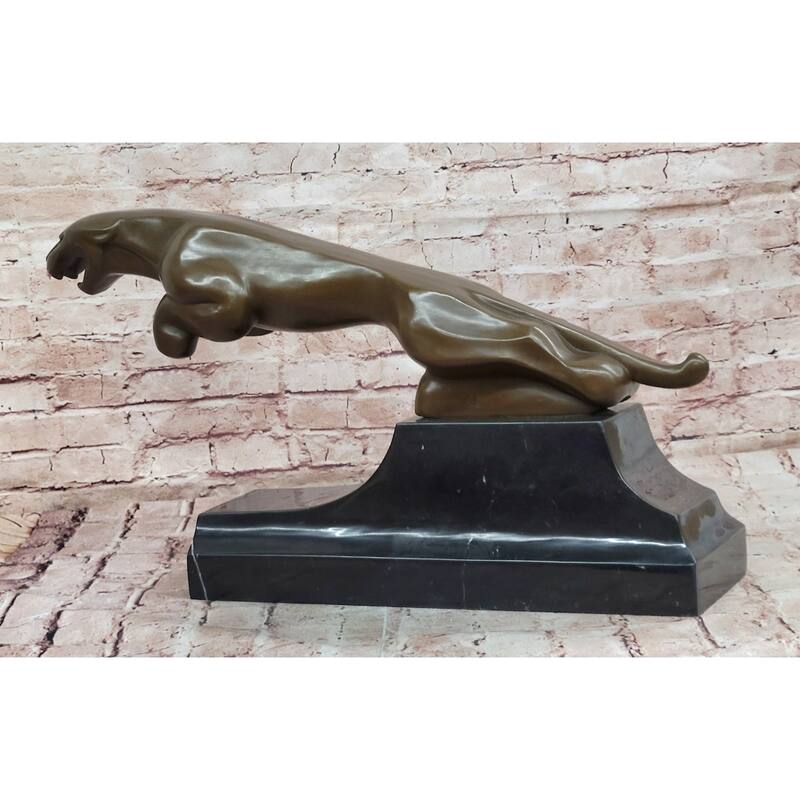Art Deco Style Leaping Panther Bronze Sculpture On Marble Base