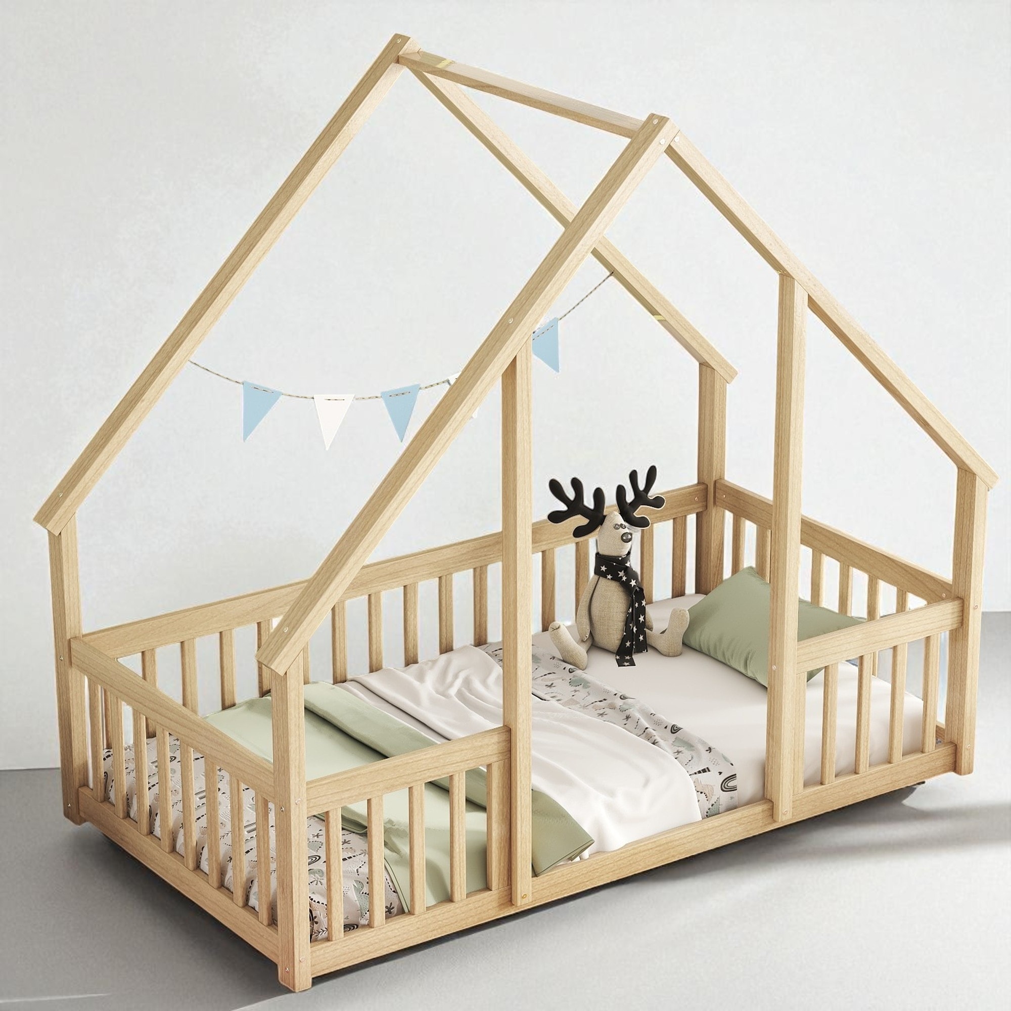 Twin Size Wood House-Shaped Floor Bed with Fence and Guardrails, No Box Spring Needed, Natural Finish