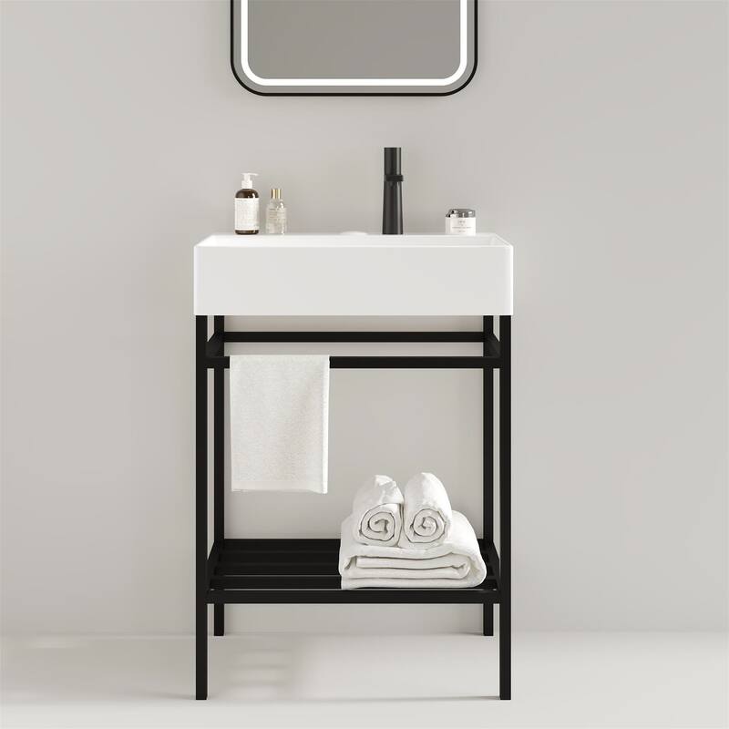 24" Bathroom Vanity Set with Ceramic Basin and Storage Shelves (No Faucet)
