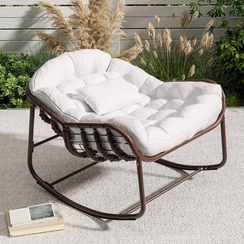 Outdoor Rocking Chair, Wicker Lounge Chair with Cushion for Balcony Backyard Porch Bedroom - 1PC - Beige