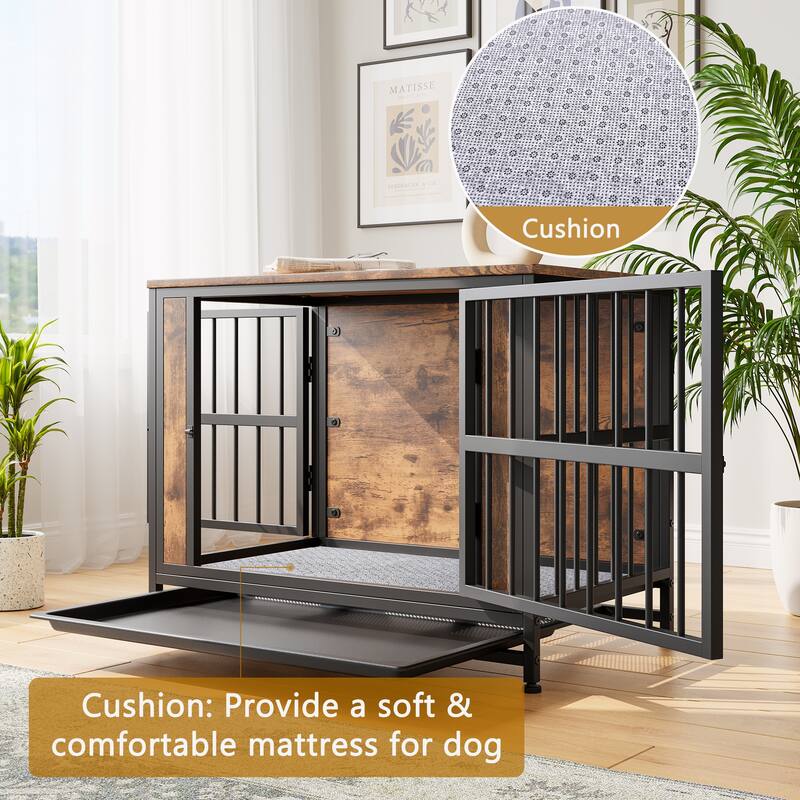 Dog Crate Furniture,Wooden Dog Crate Table,32.8" Dog Kennel with 2 Sliding Doors and Thick Iron Door Frame,for Medium/Small Dog