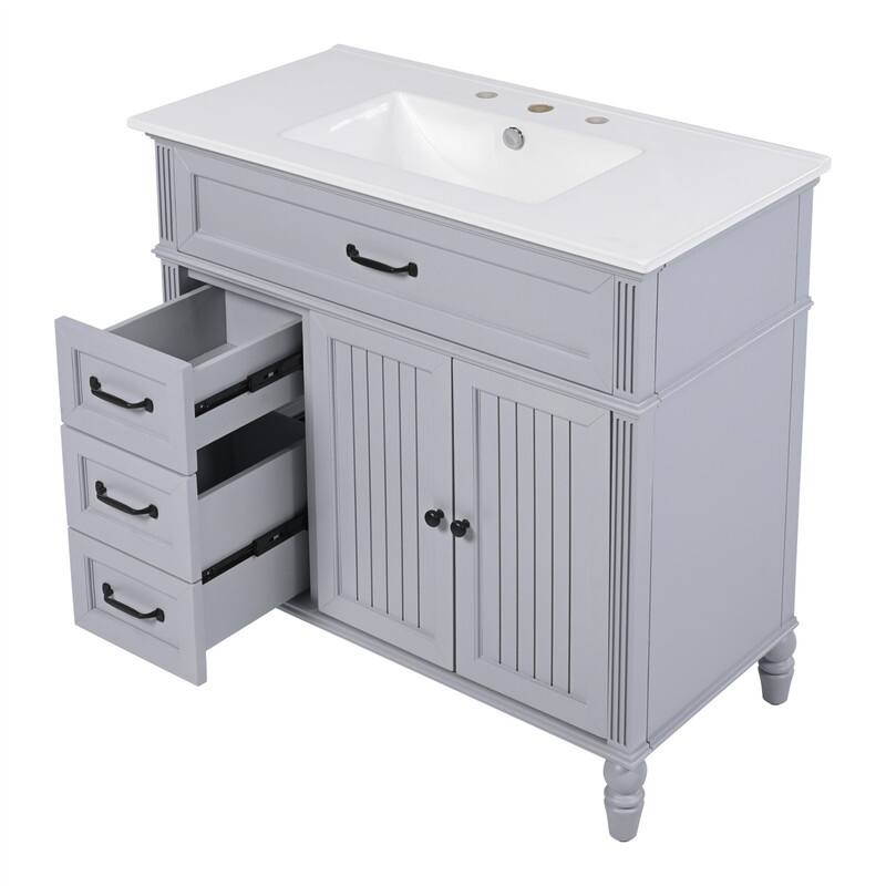 36" Bathroom Vanity with Ceramic Sink Top, Freestanding Bathroom Vanity Cabinet with 2 Doors and 2 Storage Drawers