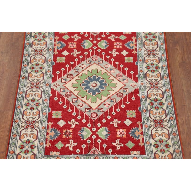 Red Geometric Kazak Accent Rug Hand-Knotted Traditional Wool Carpet - 3'4" x 4'10"