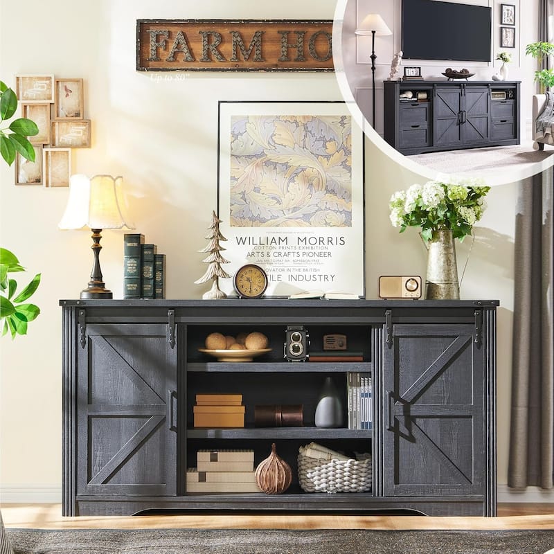 32" Tall Farmhouse TV Stand for 80" TV, Wood Entertainment Center - Black