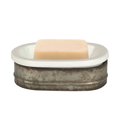 Galvanized Metal and Stoneware Vintage Soap Dish - White - 6.8"L x 4.5"W x 2.0"H