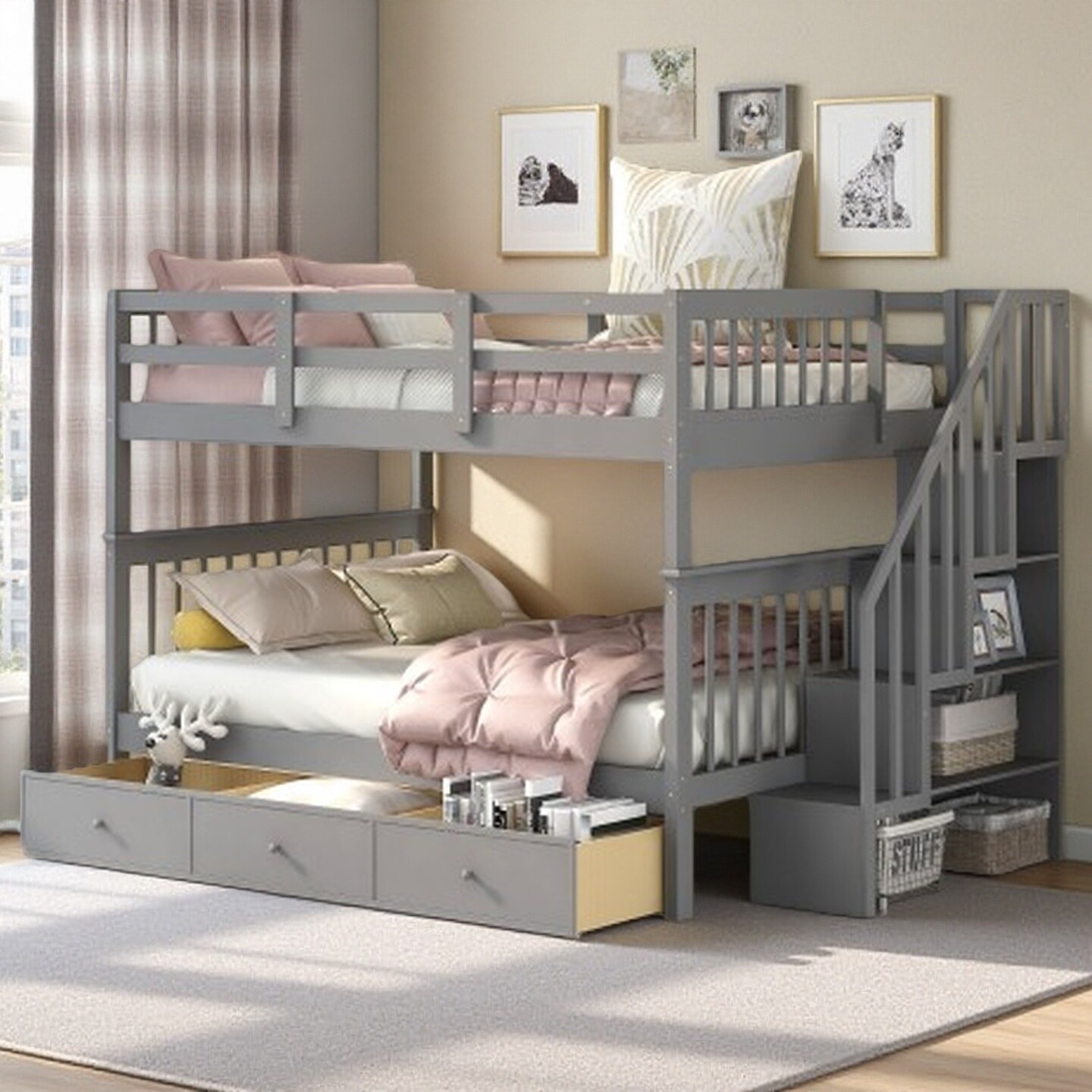 Solid Wood Full-Over-Full Bunk Bed with Stairway, Storage Drawers and Guardrails, Space-Saving Design