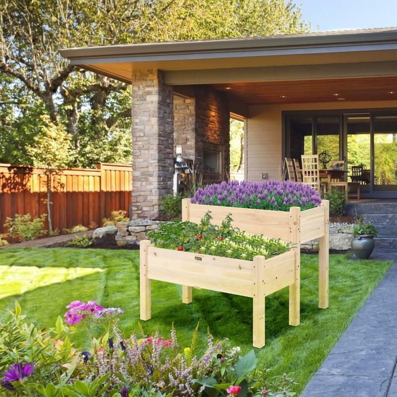2-Tier Raised Garden Bed with Fir Wood and Drainage Holes for Plants - 34" x 33.5" x 28.5" (L x W x H) - Natural