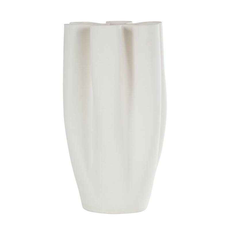 White Ceramic Ribbed Dimensional Folded Abstract Decorative Vase with Floral Shaped Rim