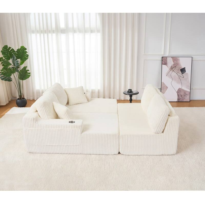 130" U-Shaped Corduroy Sectional Sofa with Cup Holders, No Assembly Required