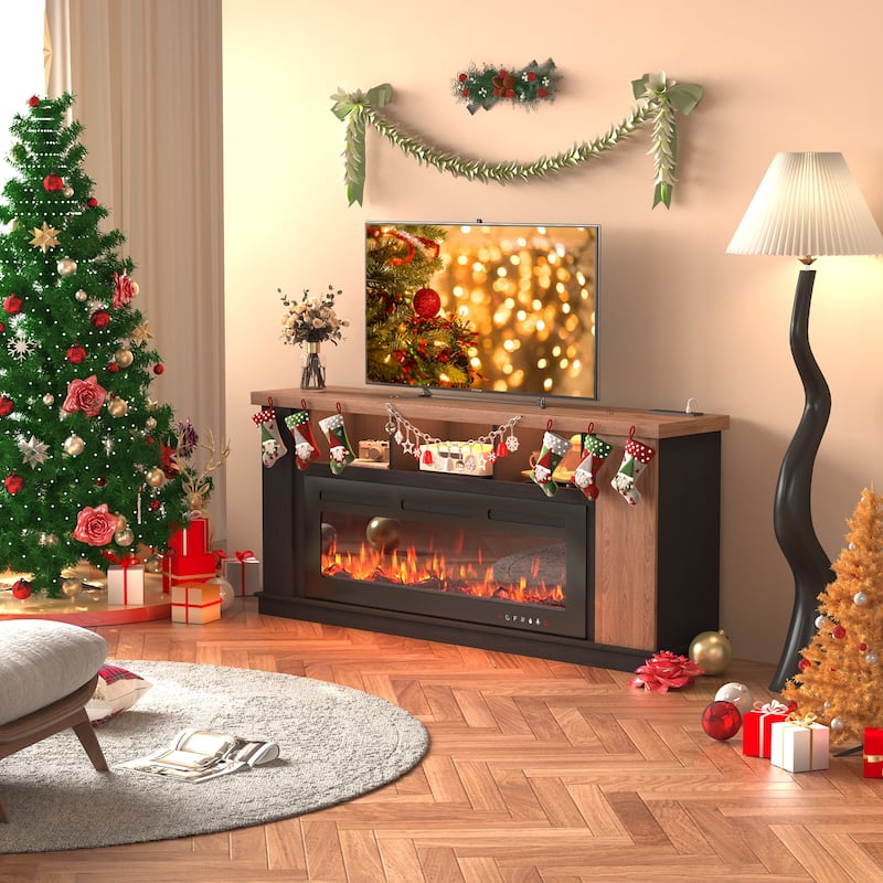 70" Traditional TV Stand with 50" Electric Fireplace, Light Strips, Sockets, Open Shelves, and Cabinets for TVs up to 80 - Walnut - Premium