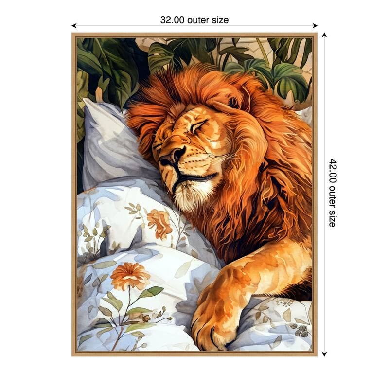Animal Watercolor Art Lion Sleeping by Justyna Jaszke Framed Canvas Wall Art - 32 x 42 in