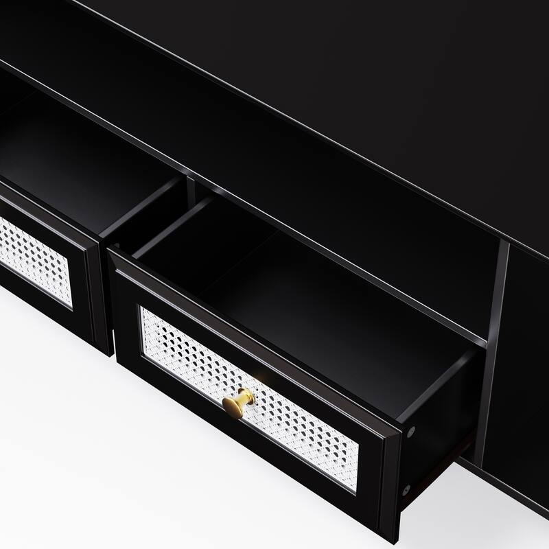 Black Rattan TV Stand Sets with TV Console and 2 Tall Cabinets - 102.10" x 15.70" x 63.00"