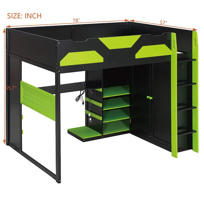All-in-one Esports Gaming & Work Loft Bed with Adjustable Desk, LED, Charging Station, Pegboard, Storage Shelves and Wardrobe