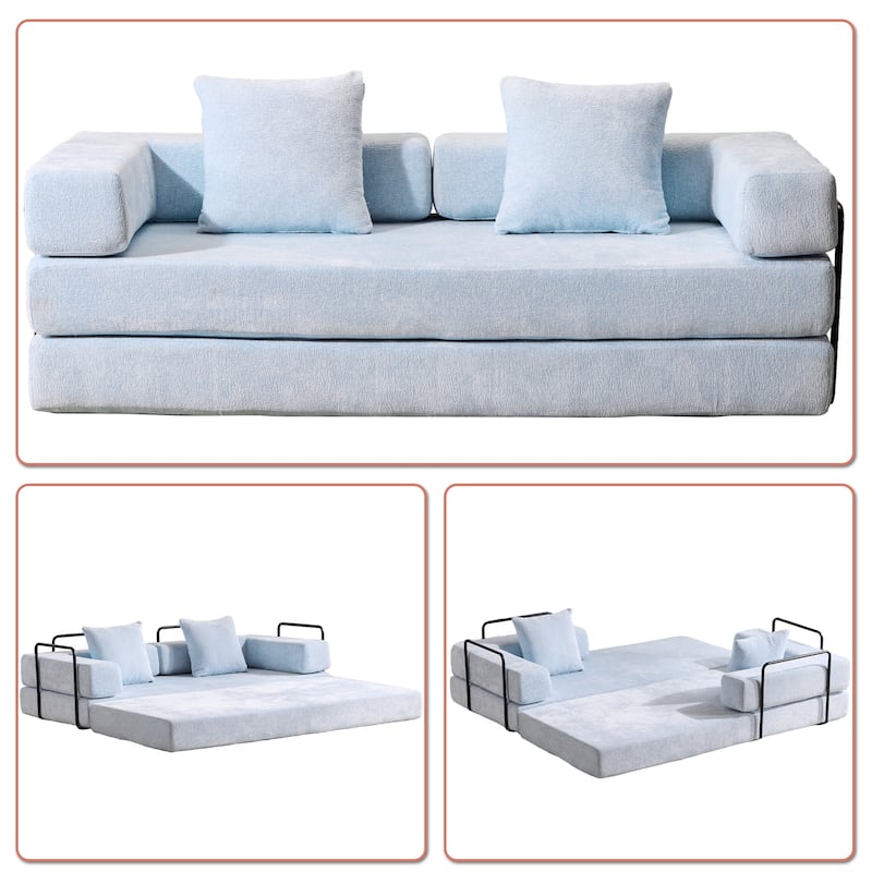 Modern Minimalist Compressed Upholstered Convertible Two-Seater Sofa Bed with External Metal Frame