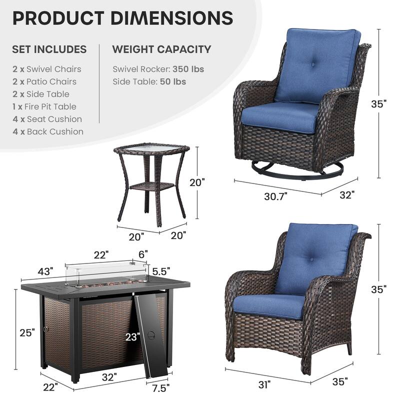 Gymojoy 7-Piece Outdoor Set with Fire Pit Table, Swivel Chairs & Side Tables for Patio