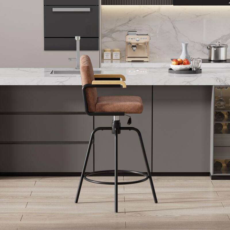 VECELO Set of 2/4 Brown PU Leather Swivel Bar Stools Comfortable Swivel Bar Stools with Footrest Fixed Height Tufted Bar Stools