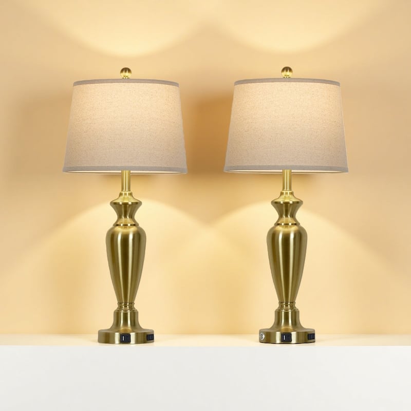 Set of 2 Modern 28-Inch Table Lamps with Built-in Night Light, USB Ports & AC Outlet - 13'' x 13'' x 30''