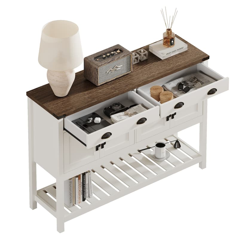 47'' Modern Farmhouse Console Storage Table - Two Drawers, Four-Door Cabinet with Adjustable Shelves & Slatted Display Shelf