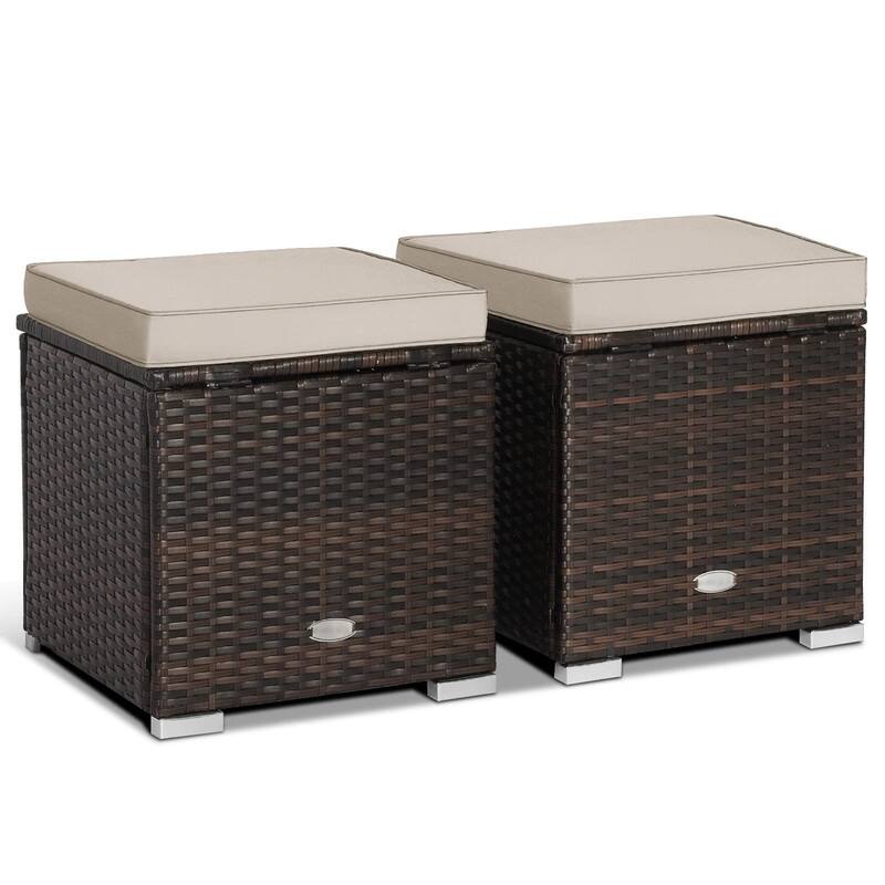 2-Pieces Patio Ottoman Set Outdoor Wicker Stool with Storage