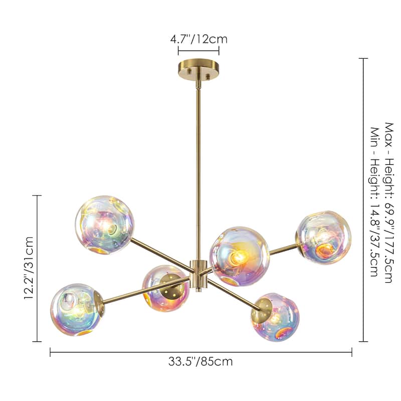 6-Light Modern Brass Iridescent Rainbow Glass Sputnik Chandelier for Dining Room - 6 Light