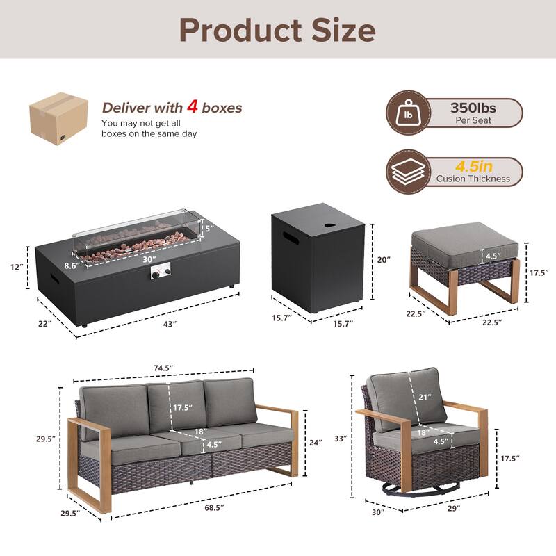 Meyreso Wicker Outdoor Patio Fire Pit Set with Swivel Gliders & 4.5-Inch Olefin Cushions