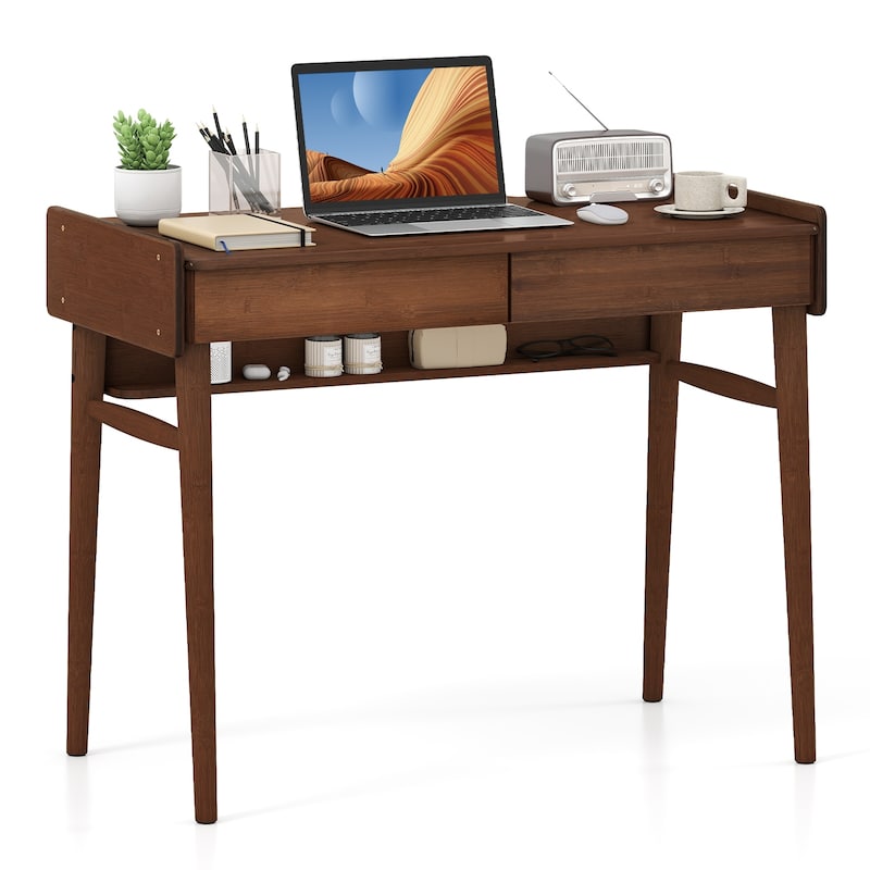 39.5" Wicker Computer Desk with Drawers Shelf Storage and Anti-Falling Guardrails for Office