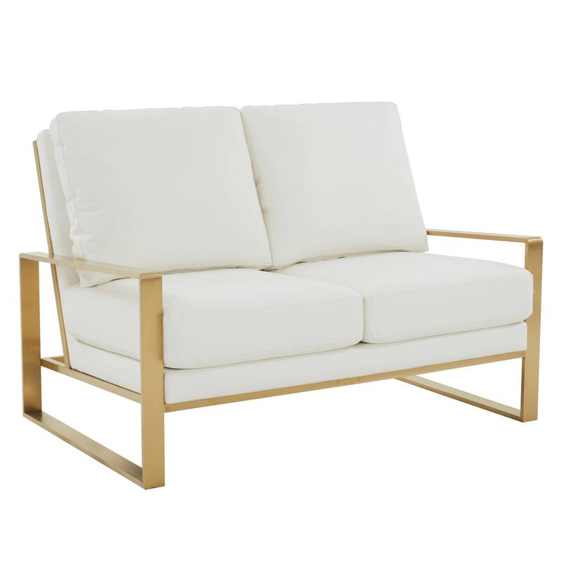 Jefferson Modern Leather Loveseat Gold with Gold Metal Base, Cushion Seating, Pocket Springs, and Protective Floor Pads - 53.1 - White