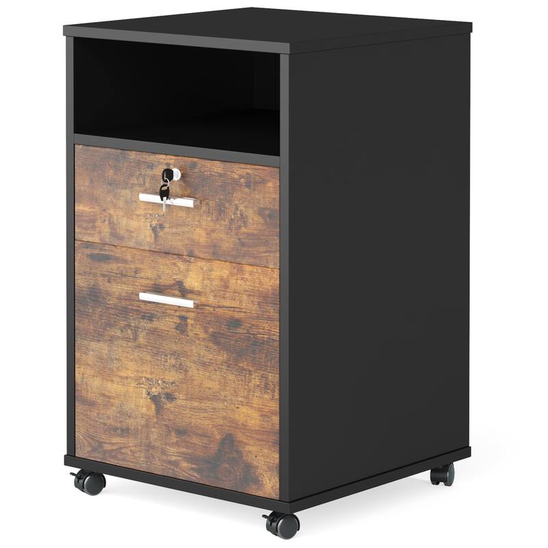 Mobile File Cabinet with Lock, 2 Drawer Rolling Printer Stand with Open Shelf, Rustic Brown
