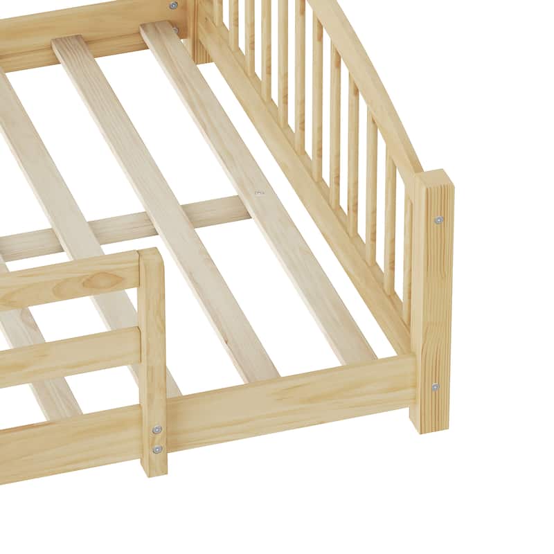 Solid Wood Floor Bed Montessori Bed with Safety Guardrails Without Door
