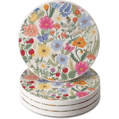 Wild Meadow Floral Round Absorbent Stone Coaster 4 Pack with Protective Cork Backing. Manufactured in The USA
