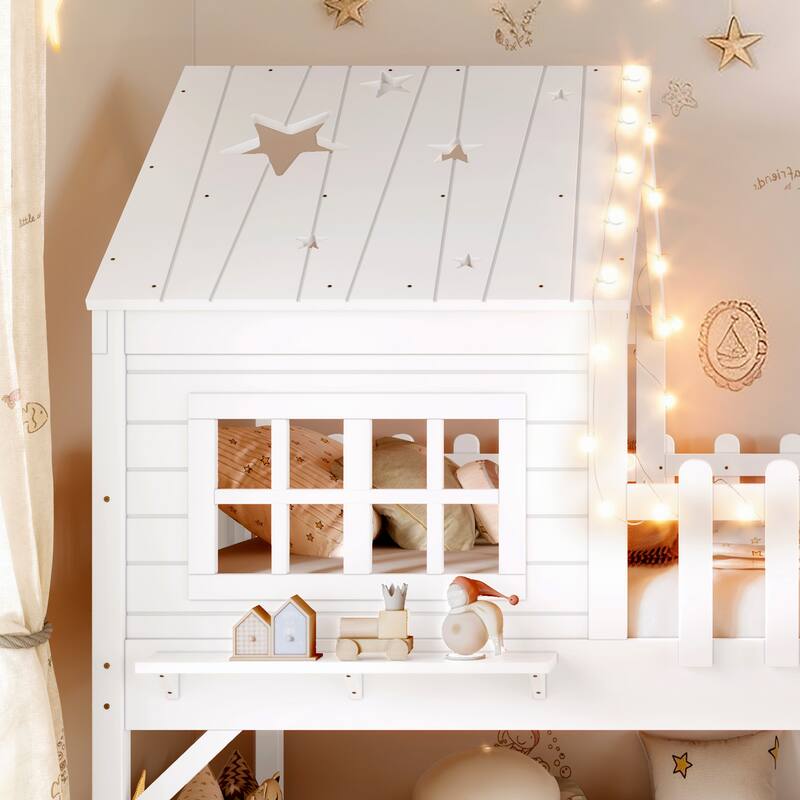 Twin Size House Loft Bed with Slide,Playhouse Bed with Star Moon-shaped Designs and Window, Chic Design with LED Lights