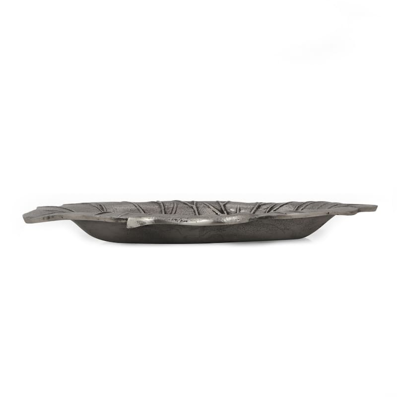 Haily Decorative Tray Platter, Flower Shaped Vein Details, Nickel Tone