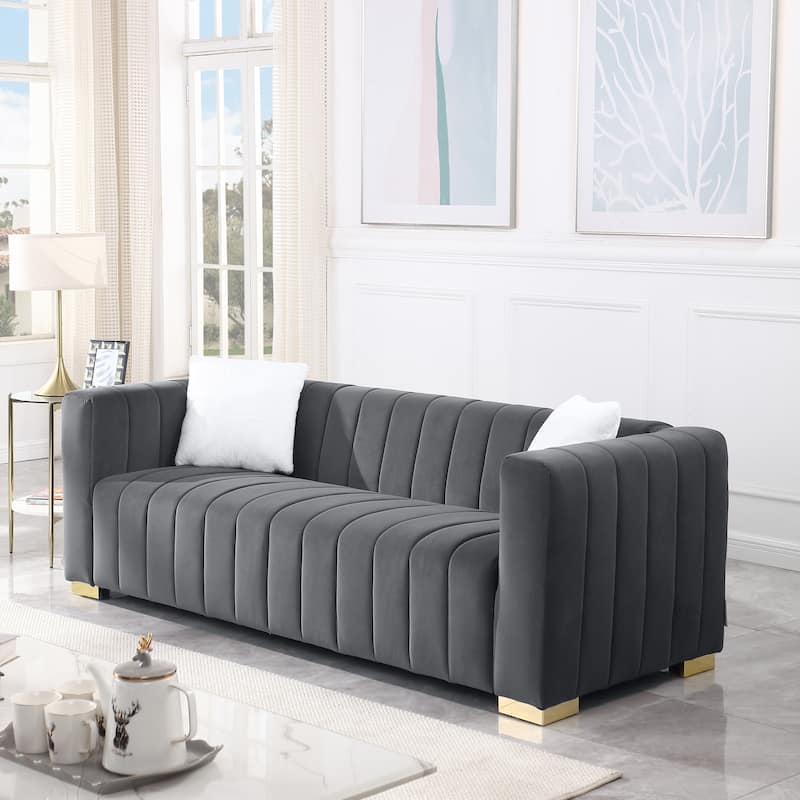 Dark Grey Chesterfield 87.01" Velvet Channel Tufted 3-seater Sofa with Pillows for Living Room