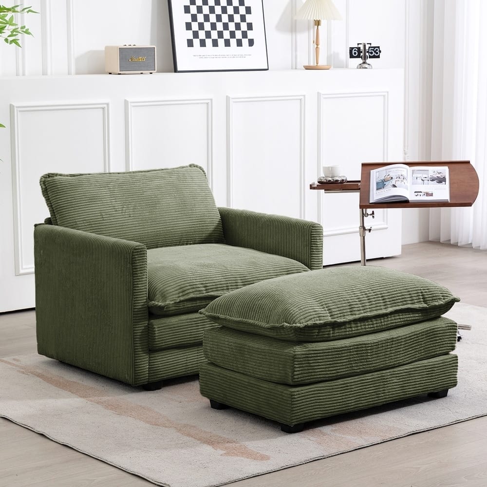 Oversized Corduroy Armchair with Plush Cushions and Movable Ottoman