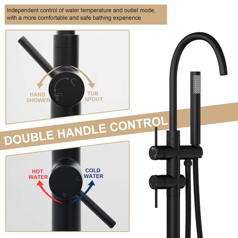 Freestanding Bathtub Faucet Floor Mount Tub Filler Matte Black, Swivel Gooseneck Spout with Cylinder Handheld