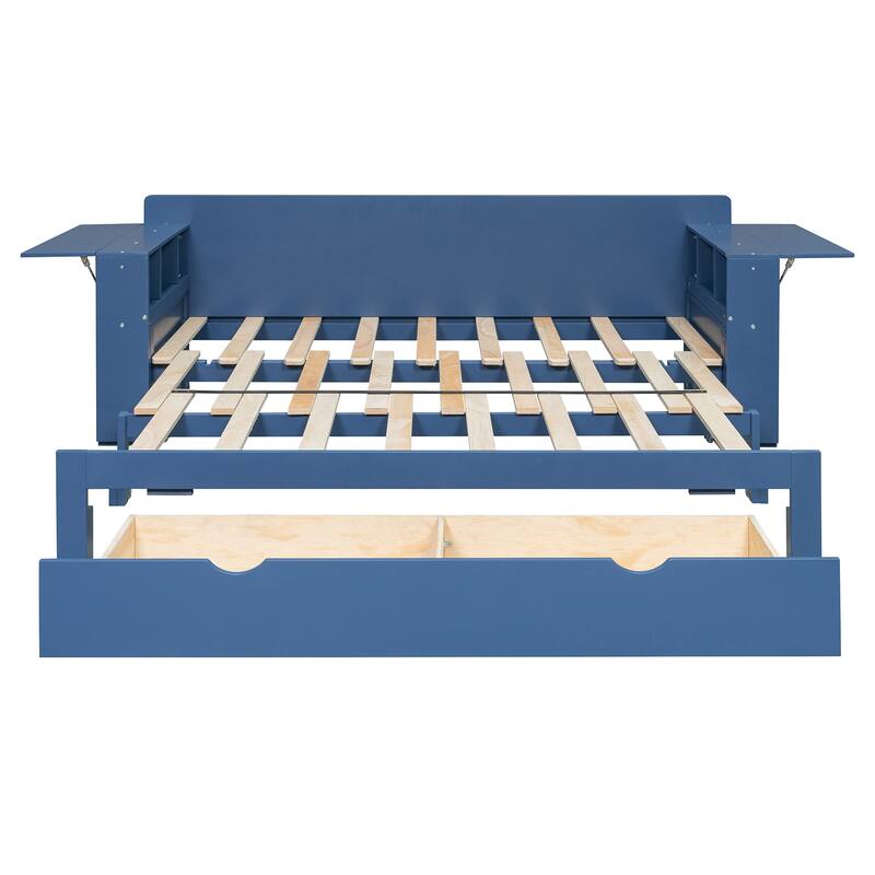 4-in-1 Multifunctional Daybed Storage Bed Frame with Removable Desk, Drawers, Bookcase Shelves and Hydraulic Side Tables