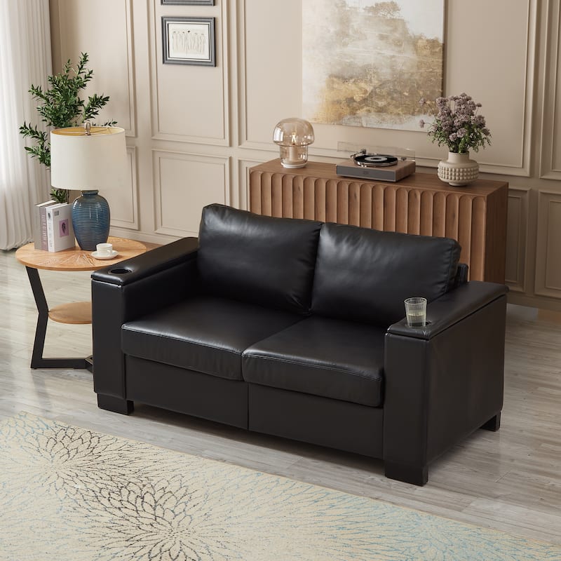 67.7" Modern Style Loveseat Faux Leather Couch,Square Arm Sofa With Cup Holder,Storage Sofa,Upholstered PU Leather