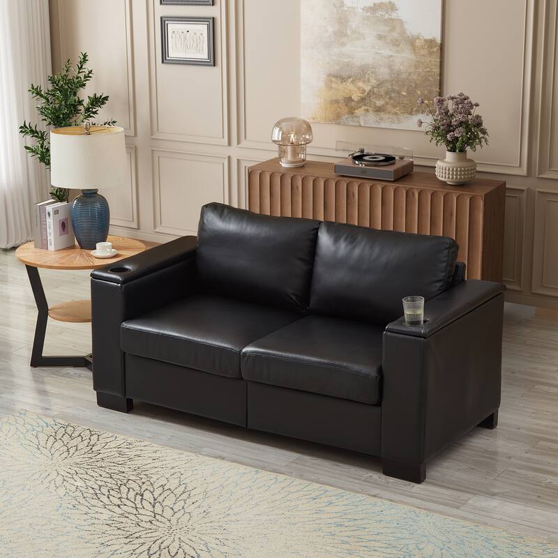 Roomfitters 2-Piece 2+3 Seater Sofa Set with Square Armrests, Faux Leather Couches with Cup Holder and Storage for Living Room
